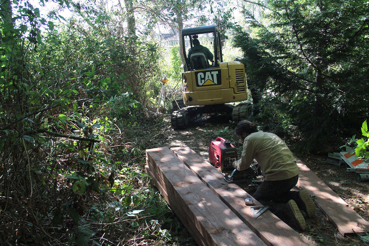 Bainbridge parks employees work on the new boardwalk at Hawley Cove Park. (Brian Kelly | Bainbridge Island Review)