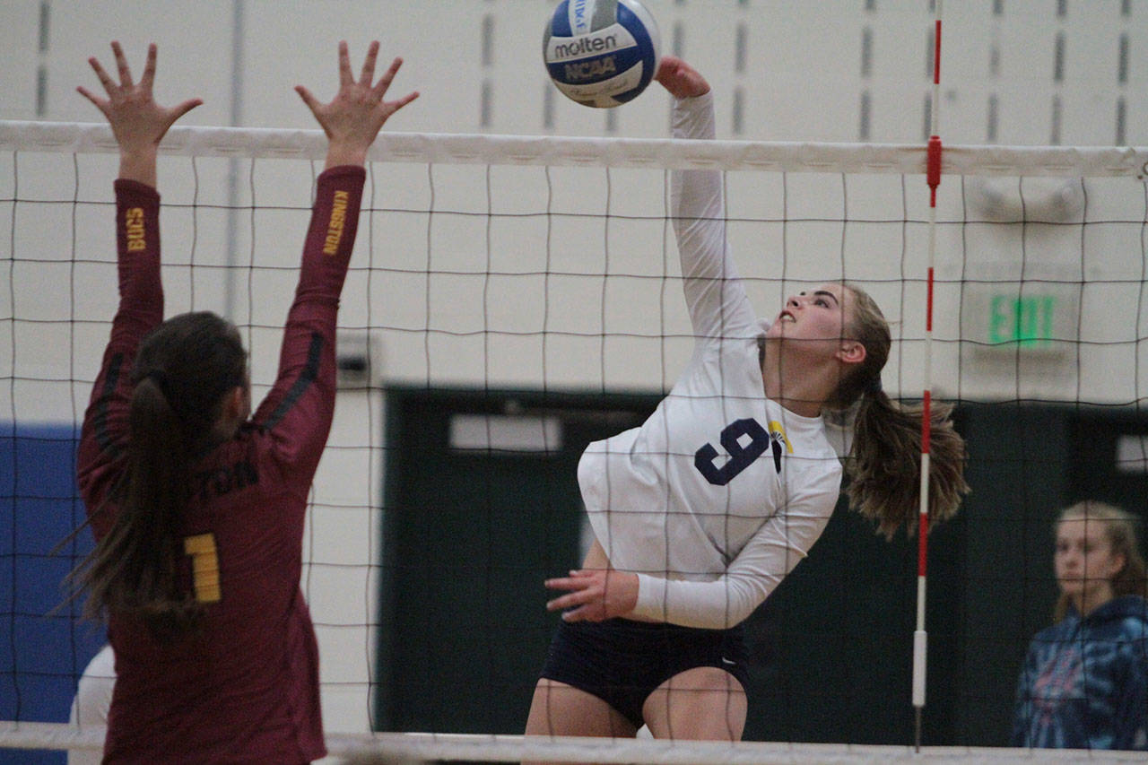 The Spartans Lauren DeGall sends a shot back to the Kingston side during Bainbridges recent meeting with the Buccaneers. (Brian Kelly | Bainbridge Island Review)
