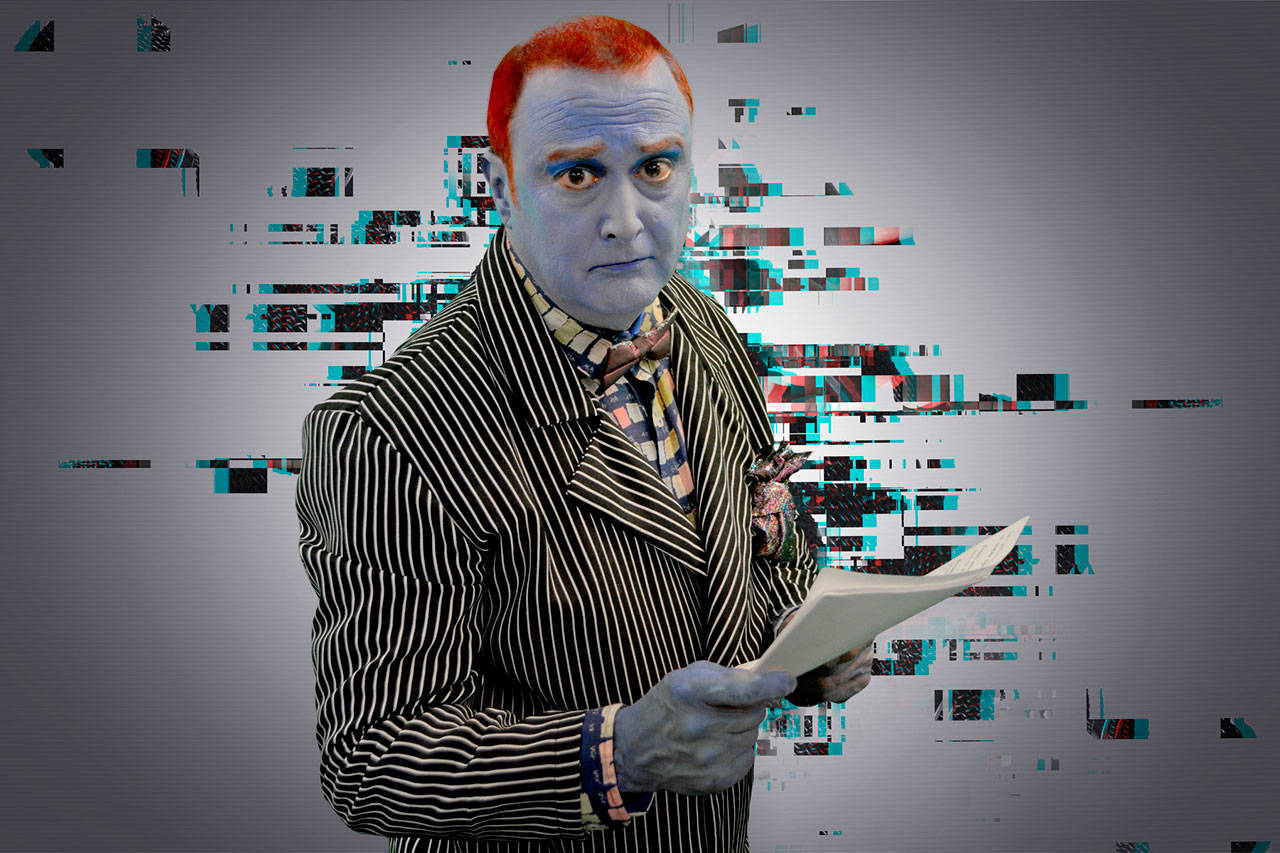 Dominique Cantwell & Ryan Patrick ODonnell photo | The Newsreader (Brian Danzig) with the Interplanetary Update from Bainbridge Performing Arts upcoming production of Return to the Forbidden Planet.