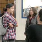 U.S. Senator Maria Cantwell chatted with high school senior Izaak McCoy at the West Sound Technical Skills Center in Bremerton last Tuesday. McCoy, who is studying welding, said he has three job offers. (Gabe Stutman | Kitsap News Group)