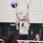 Spartan Ava Targett makes life difficult for the HNA offense during BHS home season finale. (Brian Kelly | Bainbridge Island Review)