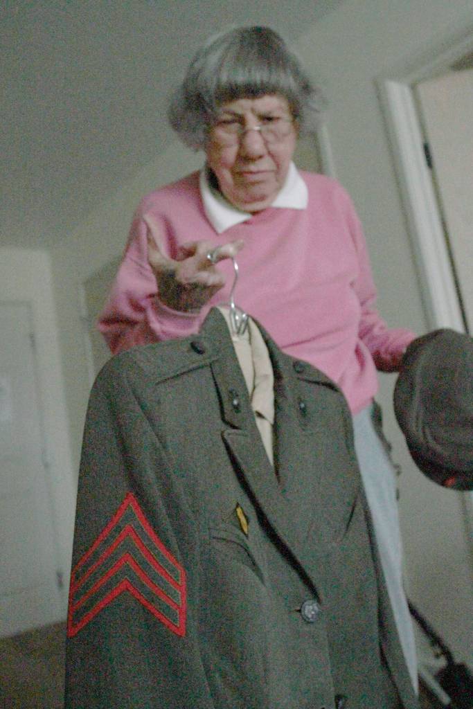 Luciano Marano | Bainbridge Island Review - Mary Richardson, WWII U.S. Marine Corps vet, about two weeks before her 99th birthday.                                 Luciano Marano | Bainbridge Island Review - Mary Richardson shows off her U.S. Marine Corps uniform. During her World War II service, she achieved the rank of sergeant.