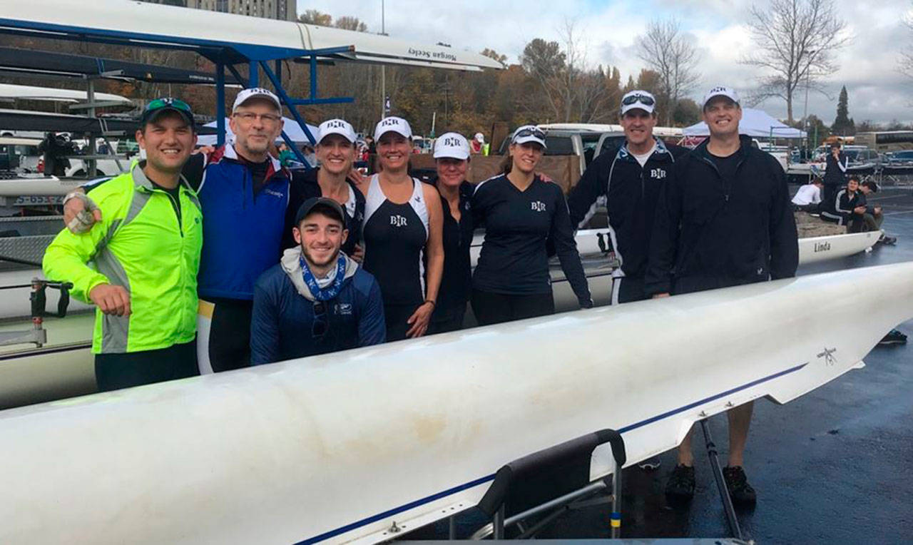 Photo courtesy of Patrick Batson                                 The Bainbridge Island Rowing mixed masters 8+ team at the recent 39th annual Head of the Lake Regatta.