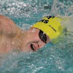 Sam Chapman swims in the 500-yard freestyle for Bainbridge during the Spartans matchup against Eastside Catholic. Chapman had a state-qualifying championship time in the race. (Brian Kelly | Bainbridge Island Review)
