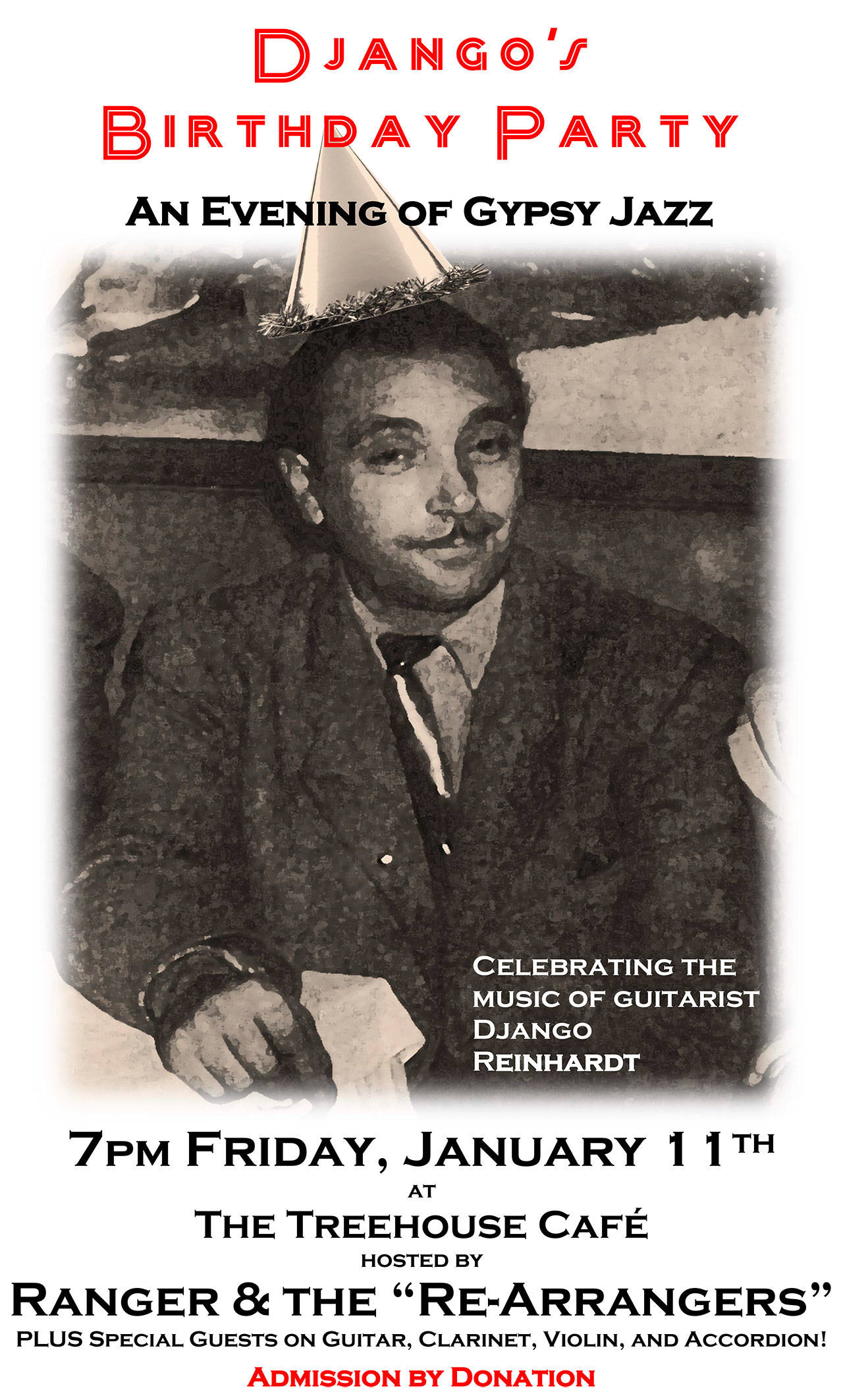 Image courtesy of Ranger Sciacca | Jean Django Reinhardts birthday will be marked on Bainbridge Island with a special commemorative concert from 7 to 10 p.m. Friday, Jan. 11 at the Treehouse Café.