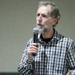 Councilman Ron Peltier talks about ethics complaints at a ward meeting earlier this year. (Brian Kelly | Bainbridge Island Review)