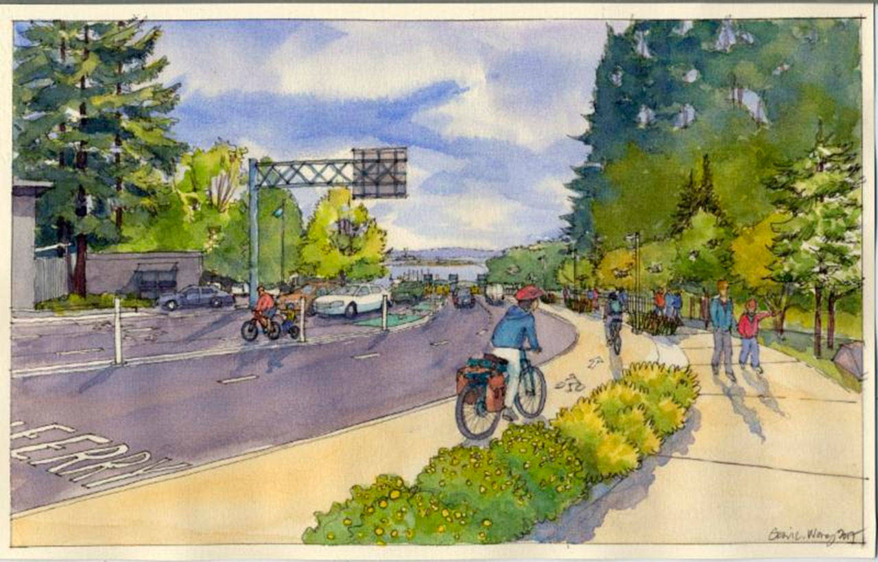 An artists drawing of the roadway improvements near the Bainbridge Island Ferry Terminal. (Image courtesy of the city of Bainbridge Island)