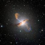 An image of Centaurus A, revealing the lobes and jets emanating from the active galaxys central black hole. (Photo courtesy of ESO/NASA)