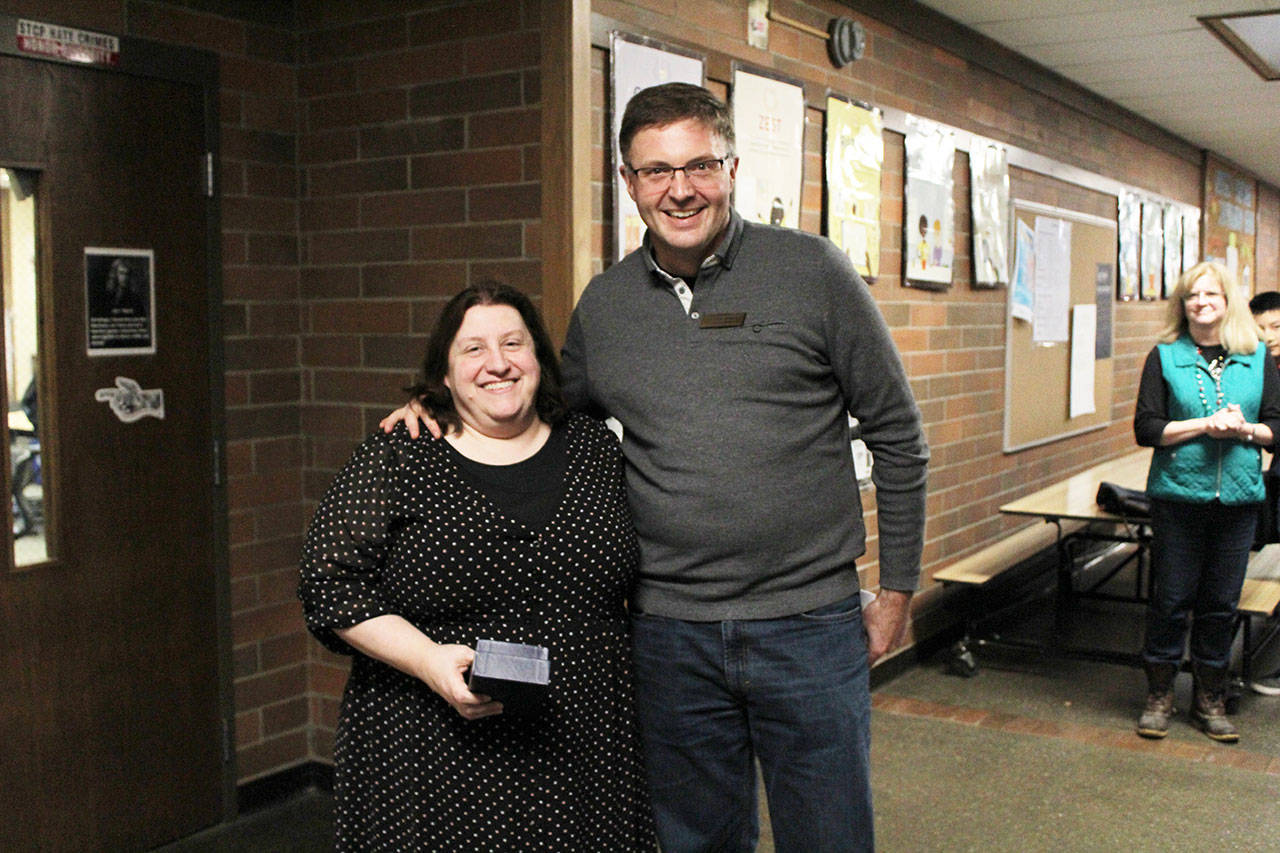 Photo courtesy of Bainbridge Island School District | Eagle Harbor High School teacher Denise Corso, pictured with Bainbridge Island School District Superintendent Peter Bang-Knudsen, was recently named 2019 Educator of the Year by the Kiwanis Club of Bainbridge Island.                                Eagle Harbor High School teacher Denise Corso, pictured with Bainbridge Island School District Superintendent Peter Bang-Knudsen, was recently named 2019 Educator of the Year by the Kiwanis Club of Bainbridge Island. (Photo courtesy of Bainbridge Island School District)