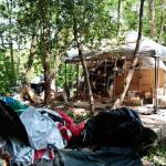 Luciano Marano | Bainbridge Island Review - The remains of the illegal homeless camp near the Highway 305 and High School Road intersection as it stood Wednesday. The encampment was set to be cleared away in the following days, the two residents having been assigned permanent housing elsewhere.
