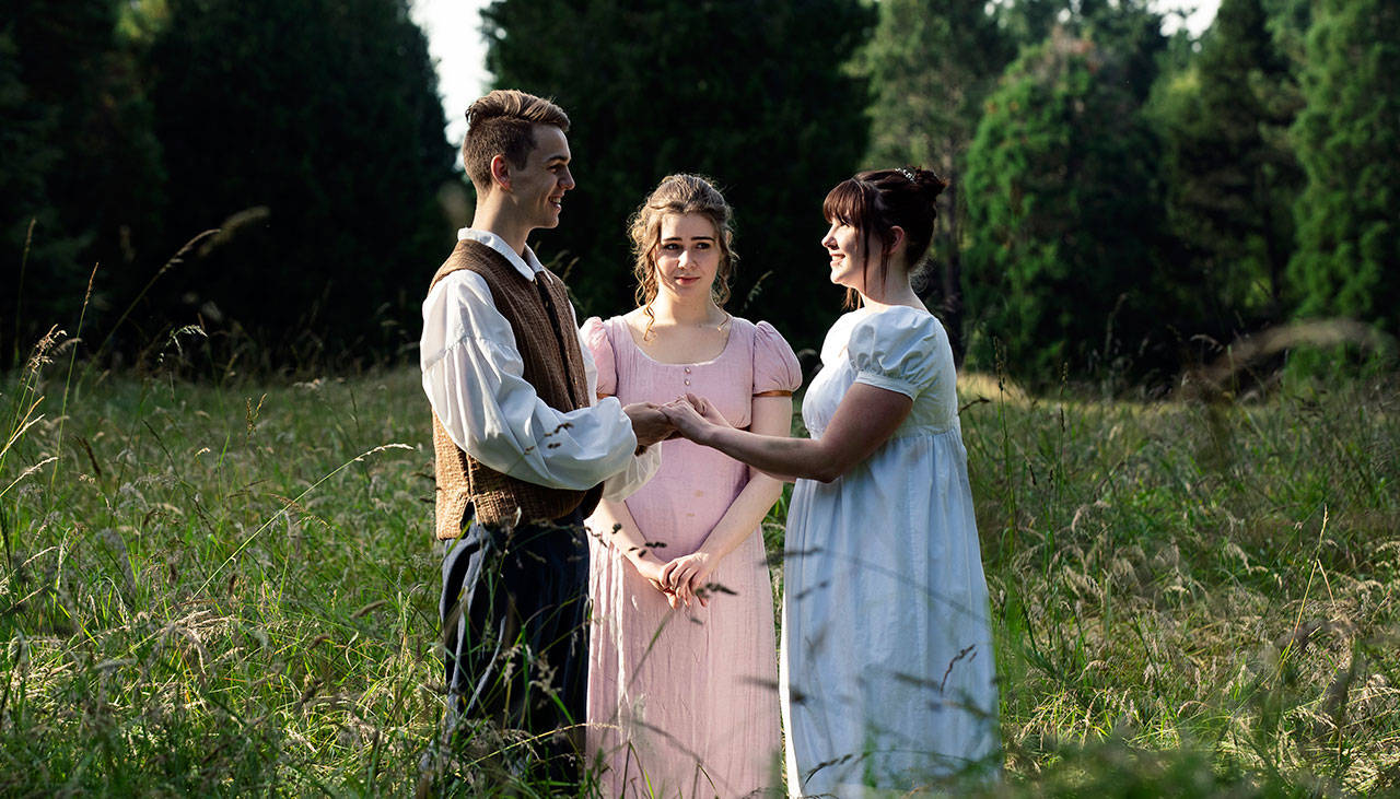 Derek Villanueva photo | Gavin Michels as Orlando, Citori Luecht as Celia, Amanda Rae Pease as Rosalind in the upcoming Bainbridge Performing Arts production of As You Like It! at Bloedel Reserve.