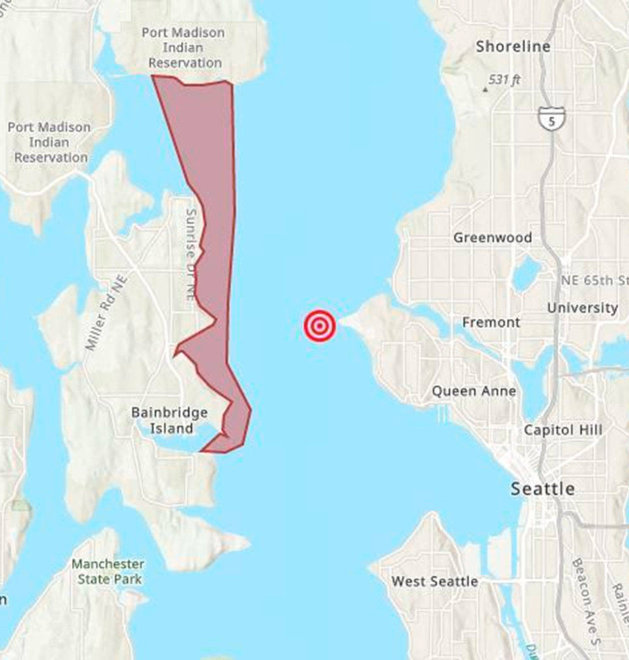 A map of the impacted shoreline/beaches from Thursdays sewage spill in Seattle. (Image courtesy of the Kitsap Public Health District)