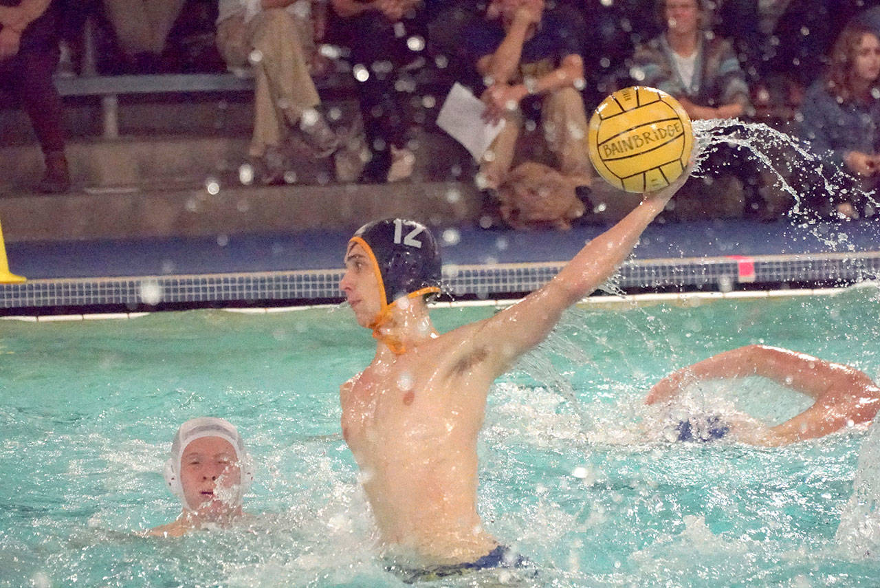 Luciano Marano | Bainbridge Island Review - Spartan sophomore Oskar Bannister looks to hurl one in at the Ingraham goal during Tuesdays home match.