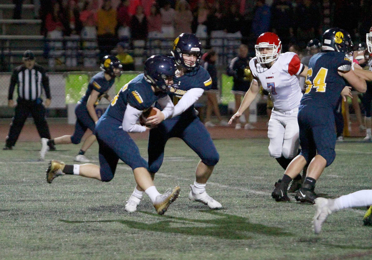 Luciano Marano | Bainbridge Island Review - The Bainbridge High School varsity football team squeaked to a 10-7 win against the visitors from Chief Sealth in the last game of the regular season to be held in Memorial Stadium last Friday.