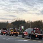 A five-engine strike team with crews from East Jefferson Fire Rescue, Port Ludlow Fire & Rescue, the Bainbridge Island Fire Department, Central Kitsap Fire & Rescue, and North Kitsap Fire & Rescue left to help fight the massive fire in Souther California early Monday. (Photo courtesy of the Bainbridge Island Fire Department)