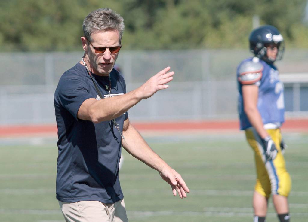 Luciano Marano | Bainbridge Island Review - Bainbridge High School varsity football Head Head Coach Jeff Rouser, seen here during a practice session earlier this season, led the Spartans to a 4-4 year that was cut short Saturday with a 28-7 first-round playoff loss to Rainier Beach on the road.                                 Luciano Marano | Bainbridge Island Review - Bainbridge High School varsity football Head Head Coach Jeff Rouser, seen here during a practice session earlier this season, led the Spartans to a 4-4 year that was cut short Saturday with a 28-7 first-round playoff loss to Rainier Beach on the road.