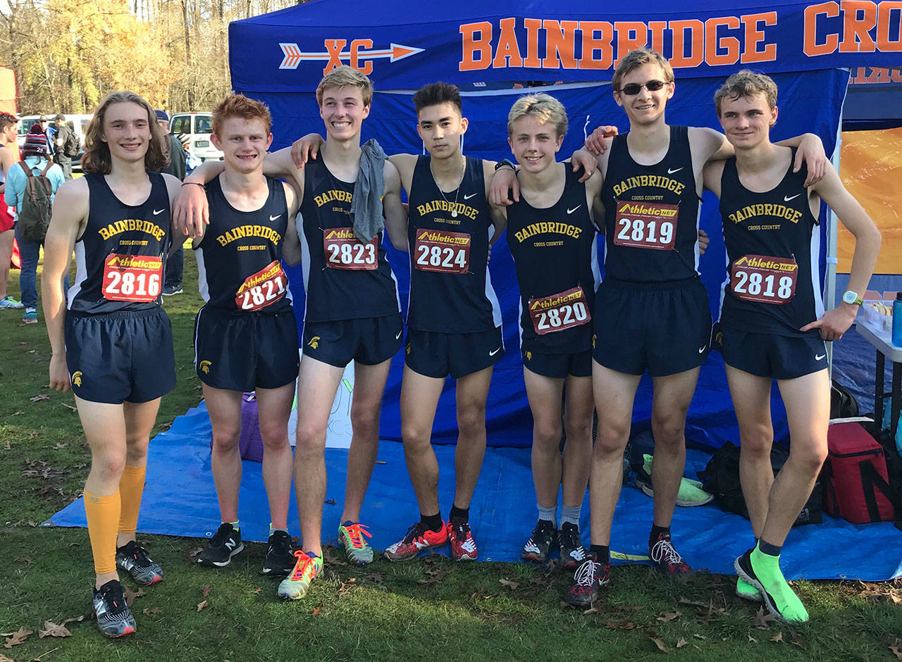 Photo courtesy of Anne Howard Lindquist | The boys representing Bainbridge Highs cross country team at the District 2 SeaKing Championship at Lake Sammamish. Not pictured: the sole Spartan female District contender, Cassidy Parr.