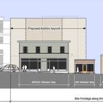 An architects drawing shows the four-story hotel addition built to the rear of the existing historic buildings on Winslow Way. (Image courtesy of the city of Bainbridge Island)
