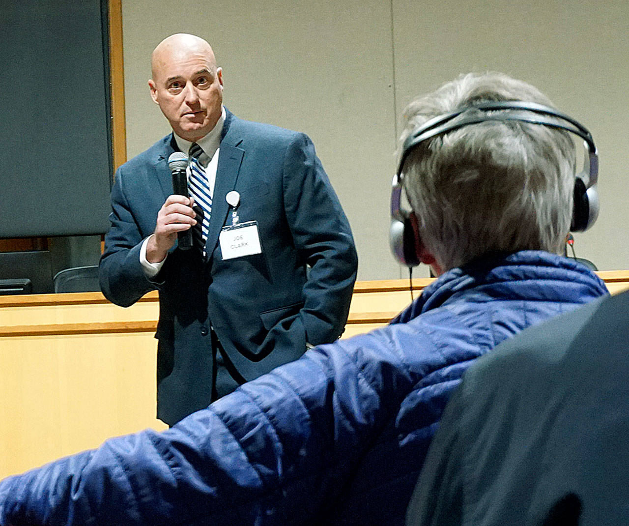 Joseph Joe Clark, currently deputy police chief of the Norfolk Police Department in Norfolk, Virginia, talks to Bainbridge residents at last weeks meet-and-greet. (Luciano Marano | Bainbridge Island Review)