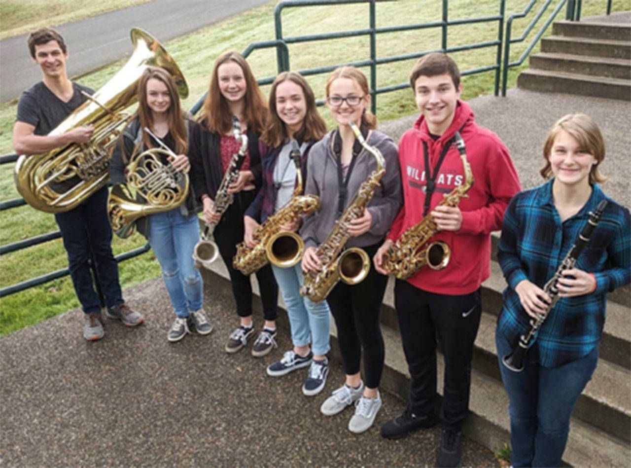 Photo courtesy of Julie Memke | Bainbridge High School band members Ian Gray, Gianna Dewey, Lila Schroer, Cayley Mead, Elana Memke, Nicolas Lofgren and Kelsie Lacey.