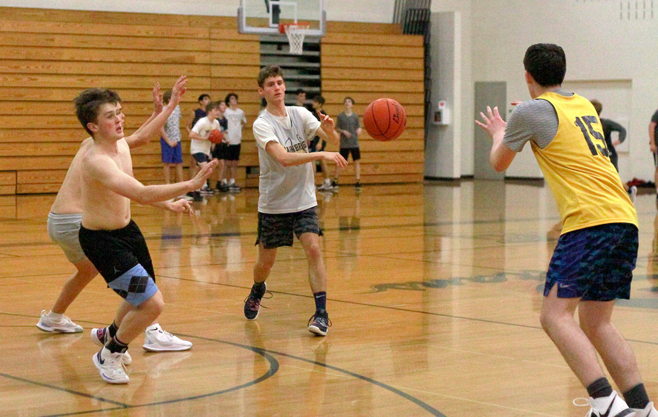 Luciano Marano | Bainbridge Island Review - A recent practice session of the Bainbridge High School varsity boys basketball team.