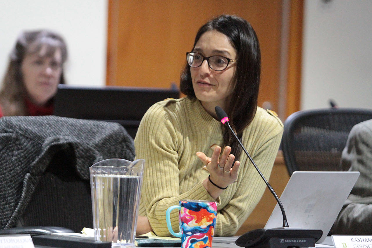 Bainbridge Councilwoman Rasham Nassar talks to her fellow council members at Tuesdays meeting. (Brian Kelly | Bainbridge Island Review)
