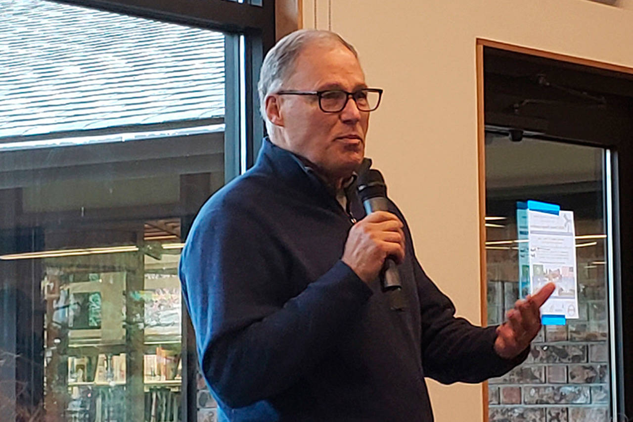 Gov. Jay Inslee speaks at the Bainbridge Island Climate Energy Forum. (Tyler Shuey | Kitsap News Group)
