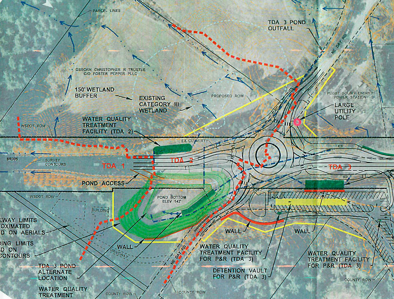 A preliminary drawing of the latest option for the Highway 305-Day Road roundabout, with the stormwater detention pond now situated on the property thats home to the Day Road Animal Hospital. (Image courtesy of Mark Swaney)