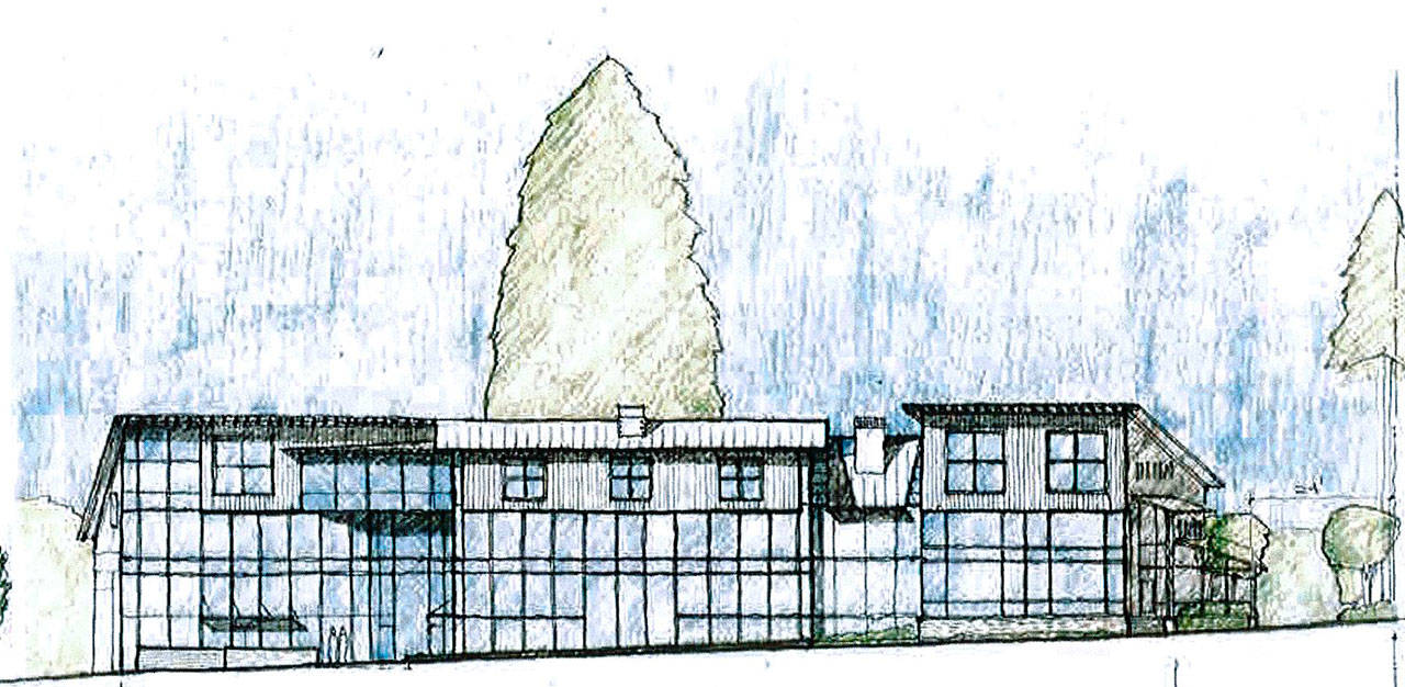 An architects sketch of the Winslow Hotel as seen from Winslow Way. (Image courtesy of the city of Bainbridge Island)