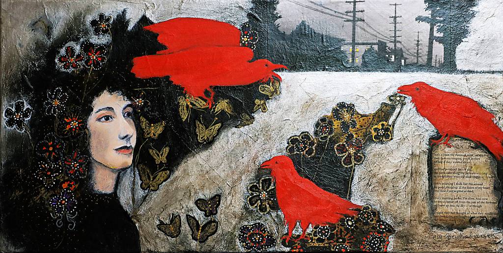 Image courtesy of Roby King Gallery | Four Square Aqua by Robert Schlegel, whose work is on display at downtown Winslows Roby King Galleries through March.                                 Image courtesy of Jeffrey Moose Gallery | Isnt It Clear? by Evy Olsen Halvorsen, subject of this months featured exhibition at Jeffrey Moose Gallery.                                 Image courtesy of Bainbridge Performing Arts | The mixed-media work of Thendara Kida-Gee, on display at the Bainbridge Performing Arts Gallery through March.