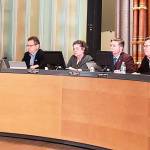 Kitsap County Commissioner Charlotte Garrido, Port Orchard Mayor Rob Putaansuu, Poulsbo Mayor Becky Erickson, Bremerton Mayor Greg Wheeler and County Commissioner Ed Wolf listen to a presentation on COVID-19 during this weeks meeting of the Kitsap Public Health Board. (Tyler Shuey | Kitsap News Group)