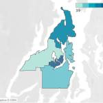 This map shows the number of confirmed cases by 100,000 residents per geographical area in Kitsap County; darker areas have more confirmed cases than lighter areas. (Map courtesy of the Kitsap Public Health District)