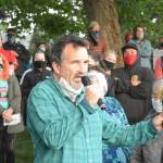 Suquamish Tribe Chairman Leonard Forsman addresses the crowd of demonstrators at Muriel Iverson Williams Waterfront Park in downtown Poulsbo during a July 3 memorial caravan for Stonechild Chiefstick. Photo Courtesy Suquamish Tribe.
