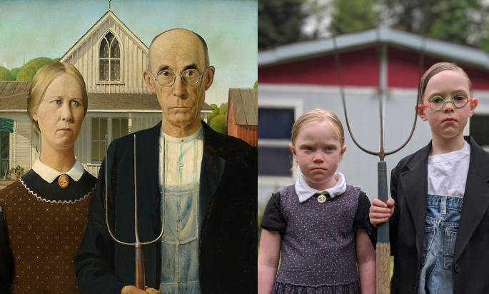 Photo courtesy of Jill Queen                                Hudson and his sister Marlow do their best impression of Grant Woods famous American Gothic painting.