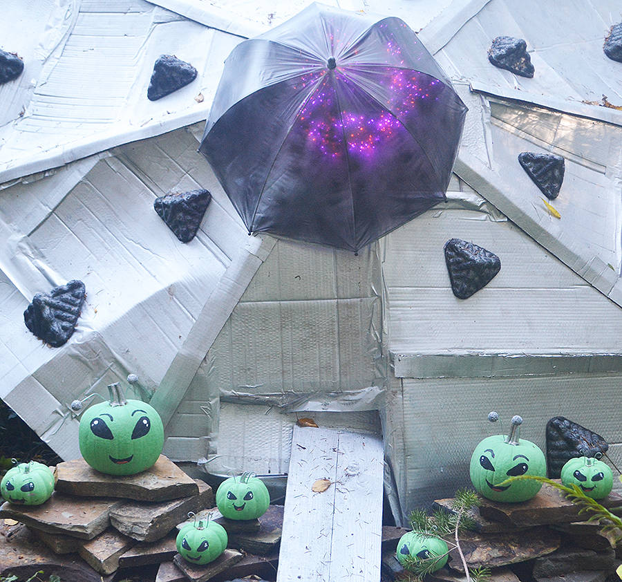 Staff put together this display of aliens and their space ship.