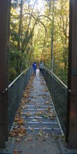 Rachel Samuelian and Breanna Caruso stand on a suspension bridge that is a favorite of visitors to IslandWood. Steve Powell/Bainbridge Island Review photographs