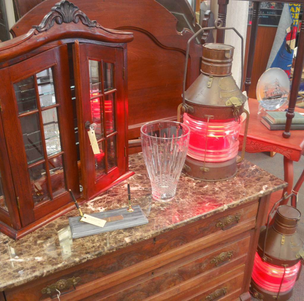 Colorful antique lanterns brighten up this display.