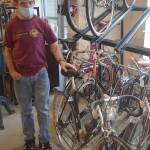 Paul Johnson shows a bike he likes to ride around Bainbridge Island.