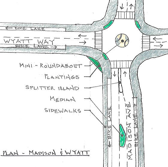 Drawing of Wyatt Way roundabout at Madison Avenue.