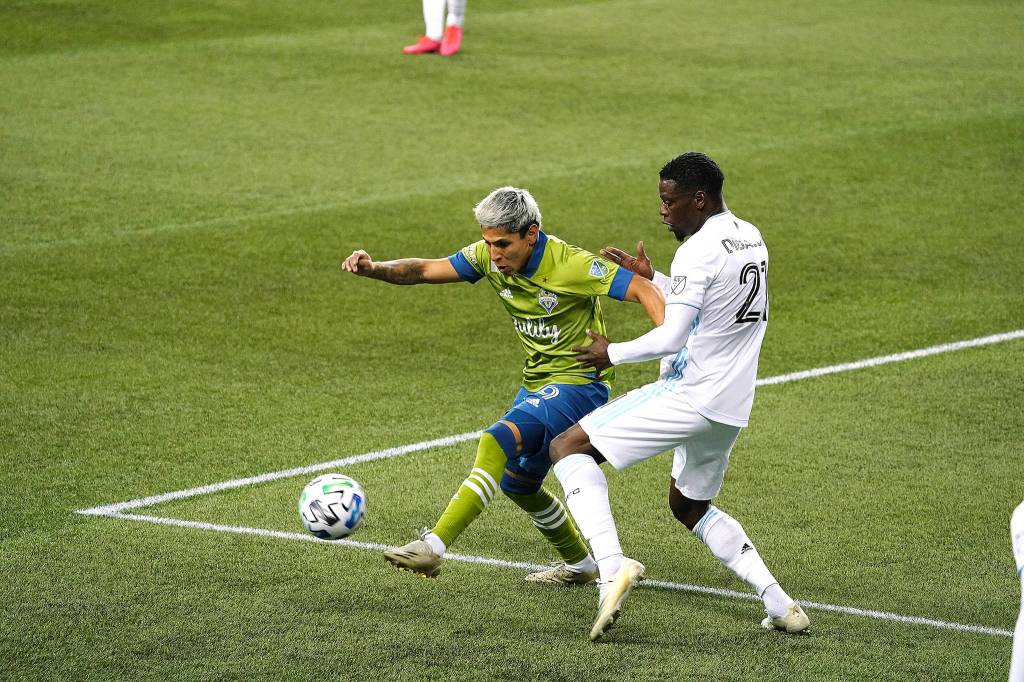 Sounders forward Raul Ruidiaz had the match-tying goal in the 89th minute. (Mike Fiechtner/Sounders FC Communications)