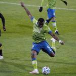 Seattle defender Nouhou lines up a shot on goal. (Mike Fiechtner/Sounders FC Communications)