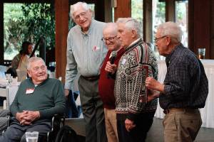 Members of Bainbridges 1948 state championship basketball team reminisce about their memorable season as they were inducted to the Kitsap Sports Hall of Fame in January. From left to right: Bob Olsen, Bob Woodman, Sam Clarke, Ray Lowrie and Jim Nadeau. (Mark Krulish/Review file photo)
