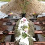 Remains wrapped in linen shroud with cedar planks below.