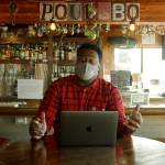 Seattle Kraken radio voice Everett Fitzhugh takes a break at the Brass Kraken during a visit to Poulsbo. (Photo courtesy Seattle Kraken)