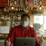 Seattle Kraken radio voice Everett Fitzhugh takes a break at the Brass Kraken during a visit to Poulsbo. (Photo courtesy Seattle Kraken)