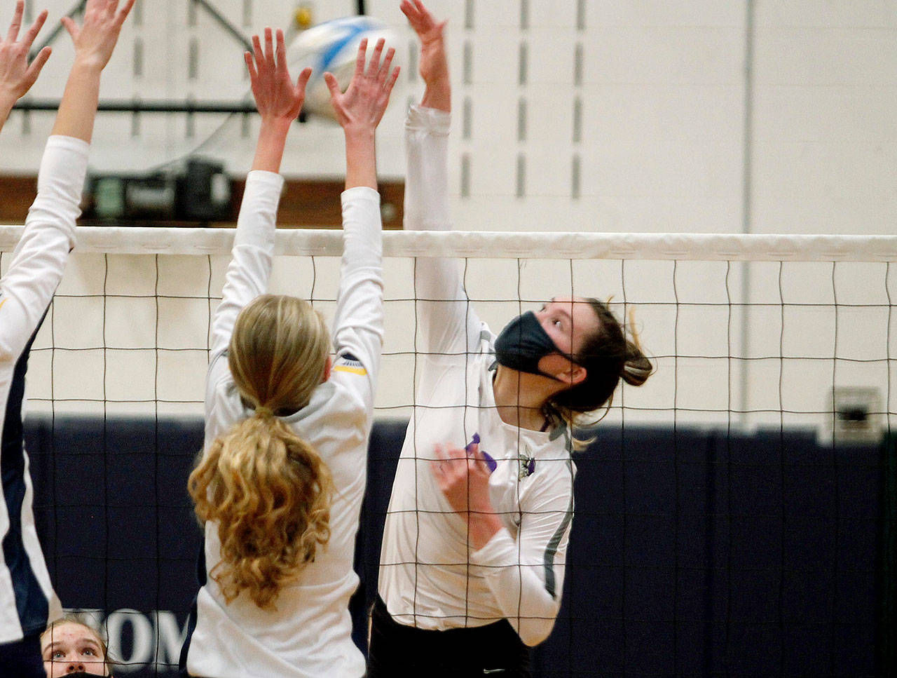 Riley Rabedeaux led North Kitsap with 24 kills in a three-set victory over Bainbridge. (Mark Krulish/Kitsap News Group)