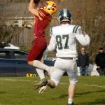 Keith Thorpe/Peninsula News Group
Kingston's Kyler Coe-yarr pulls down an interception from a pass intended for Port Angeles' Cyras Mills in the closing moments of the first half on Saturday in Port Angeles.