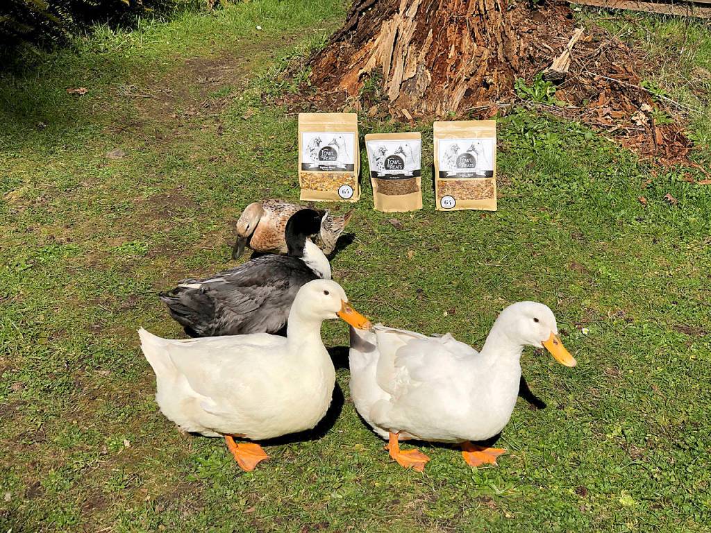 Tamah and Saskia Burkes fowl next to their three newly developed fowl treats. Courtesy Photo