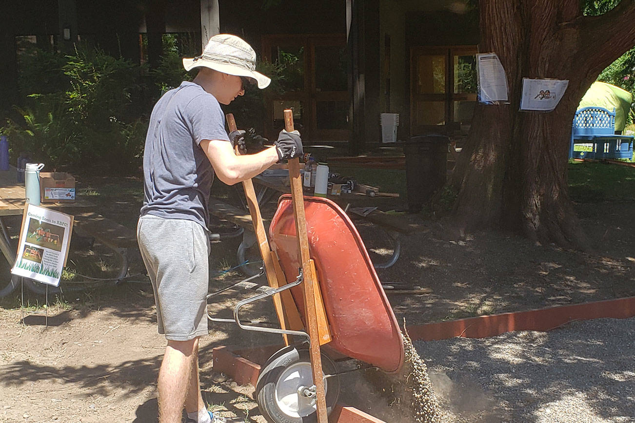 A group of church members digs up gravel into wheelbarrows.
Pouring of the gravel.