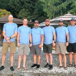 The group of eight who took on the first Bainbridge 50K Warrior Paddle. From left to right: Jimmy Lee Burruss, US Navy & Coast Guard pilot from Spokane; Matt Kress, a USMC Logistics Officer from Bainbridge; Matt Sivright, USMC Infantry from Seattle; Eric Longo, USMC Infantry, from Silverdale; Dan Dinsmore, USMC Motor Transportation, from Bainbridge; Chad Rounds, USMC Harrier Pilot, FBI, from Camas; Ryan Hough, USMC Harrier Pilot, from Bainbridge; and Matt McLaughlin, USMC Harrier Pilot, from Hood River. (Contributed photo)